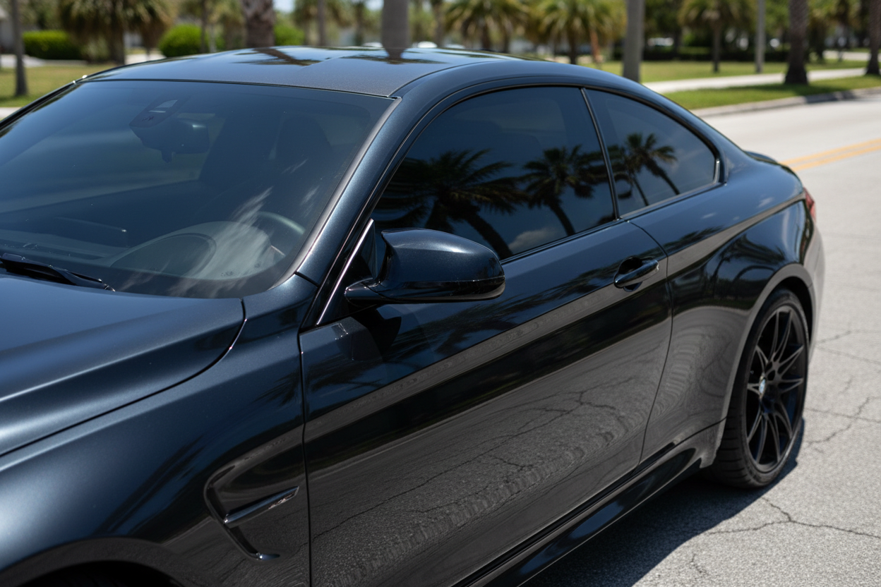 closeup BMW M4 dark ceramic tint windows sunny Florida street, heat waves bouncing off glass, realistic 600x600