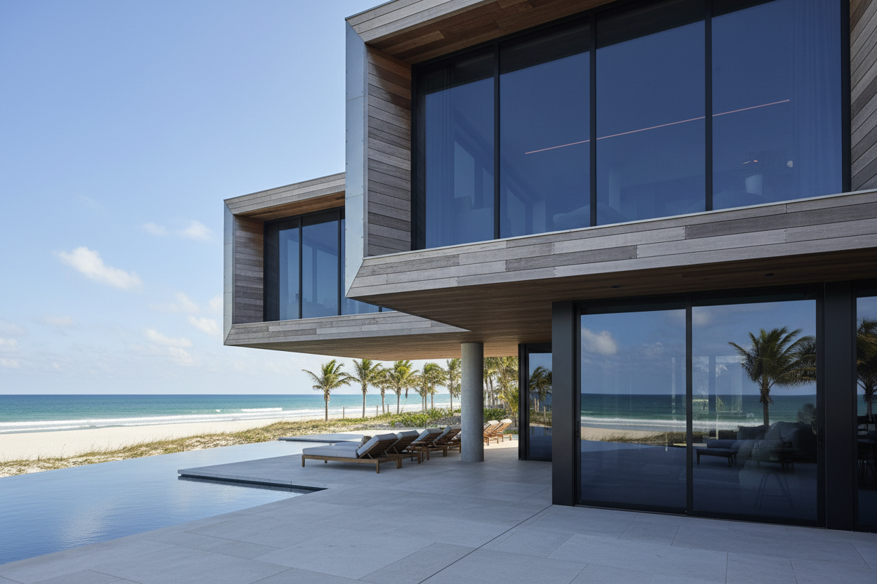 modern coastal home exterior with tinted windows privacy film, sun blocked inside view cooler room, beach background, realistic.
