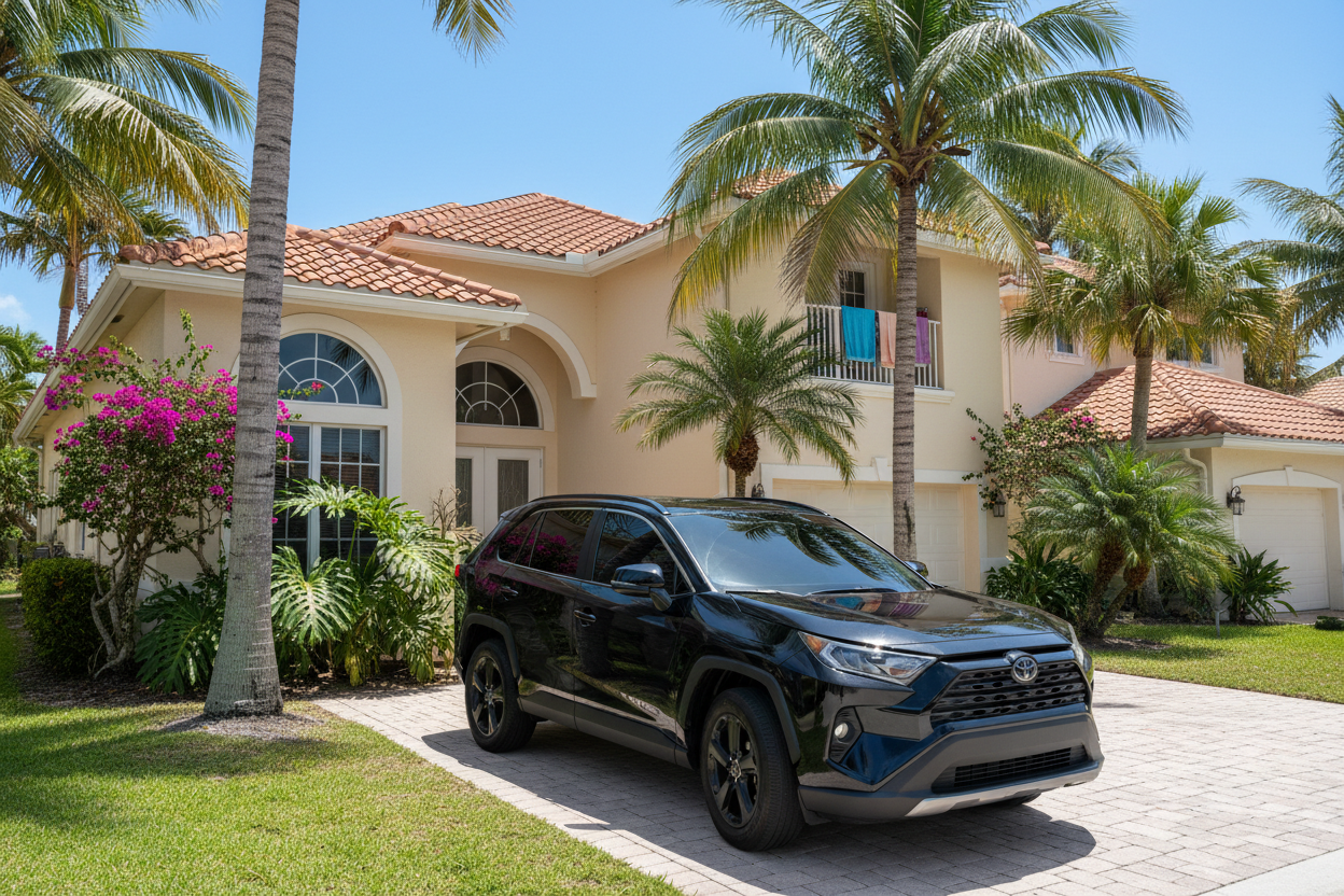 Tinted toyota rav4 in a florida house driveway